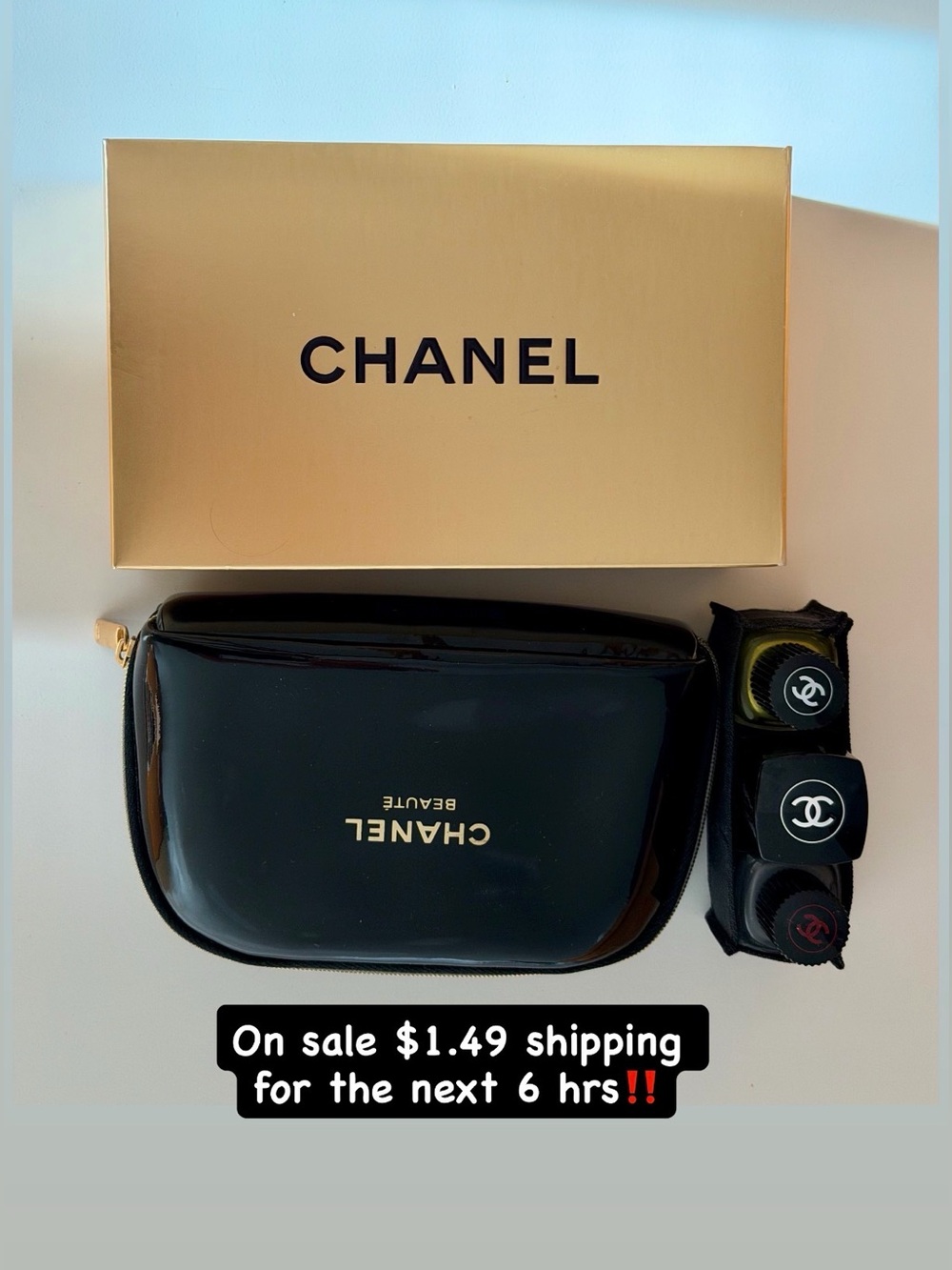 CHANEL Black Patent Nail Polish or Makeup Pouch with Gold Logo Brand New